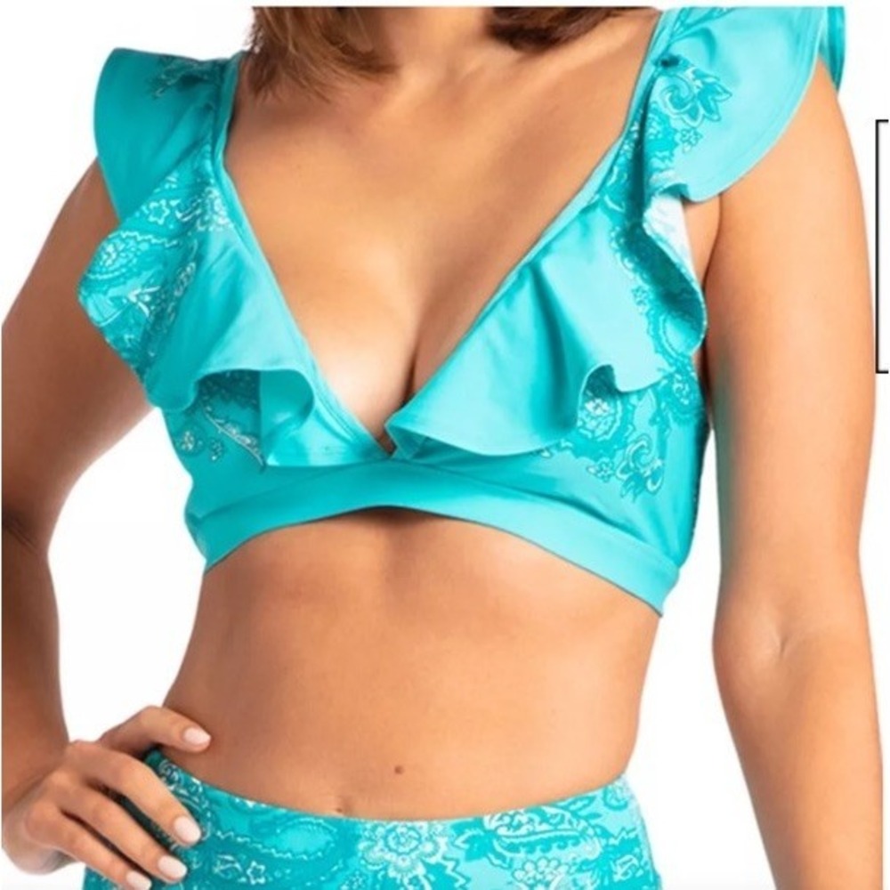 Cabana Life St Pete Ruffle Sleeve Bikini Top XL UPF 50+ Teal Paisley NWT